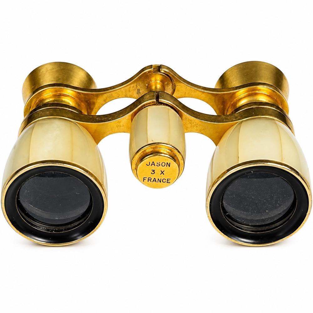 Vintage Jason 3x France Opera Glasses Mother of Pearl Style Gold Tone Binoculars